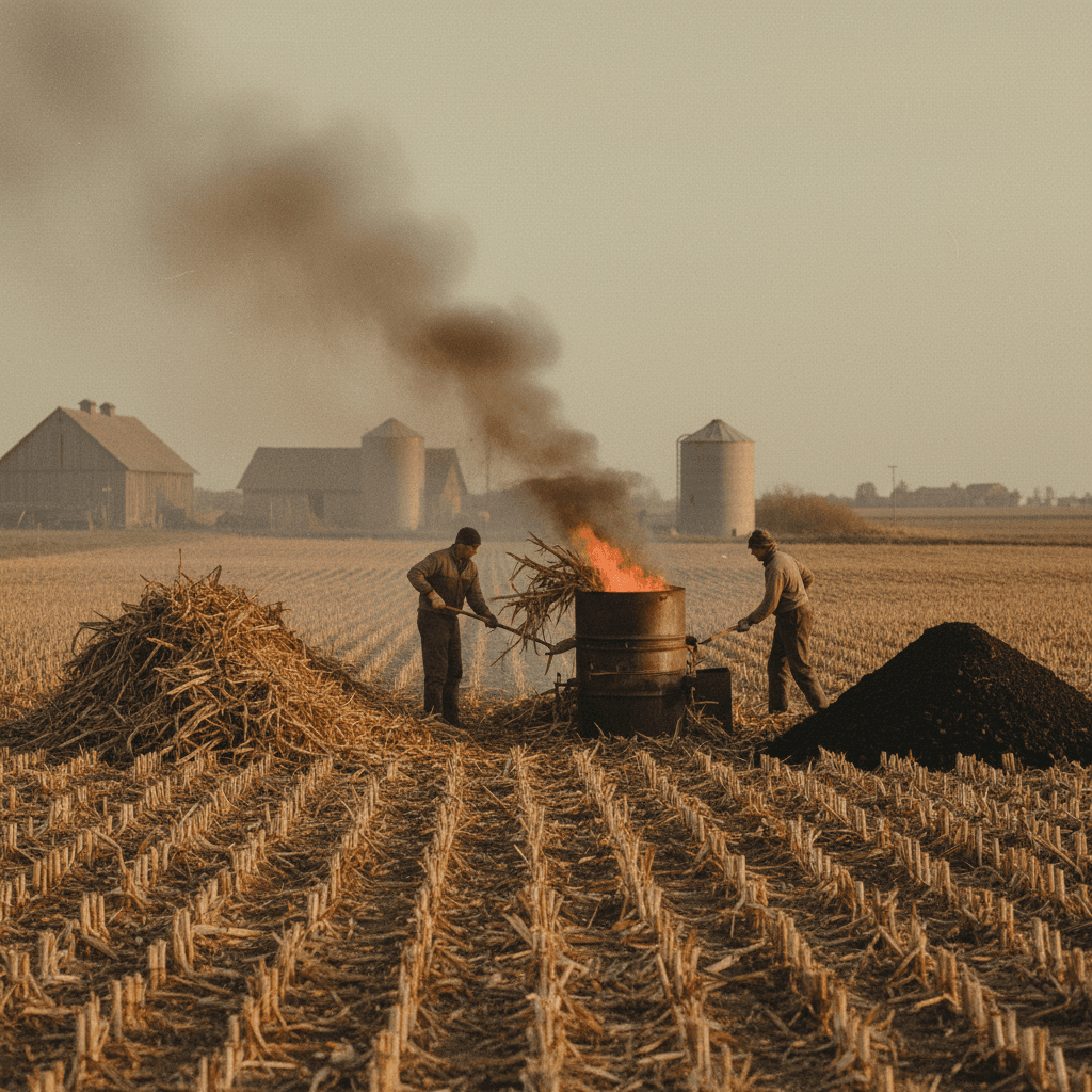 Agricultural waste being converted to biochar in field setting
