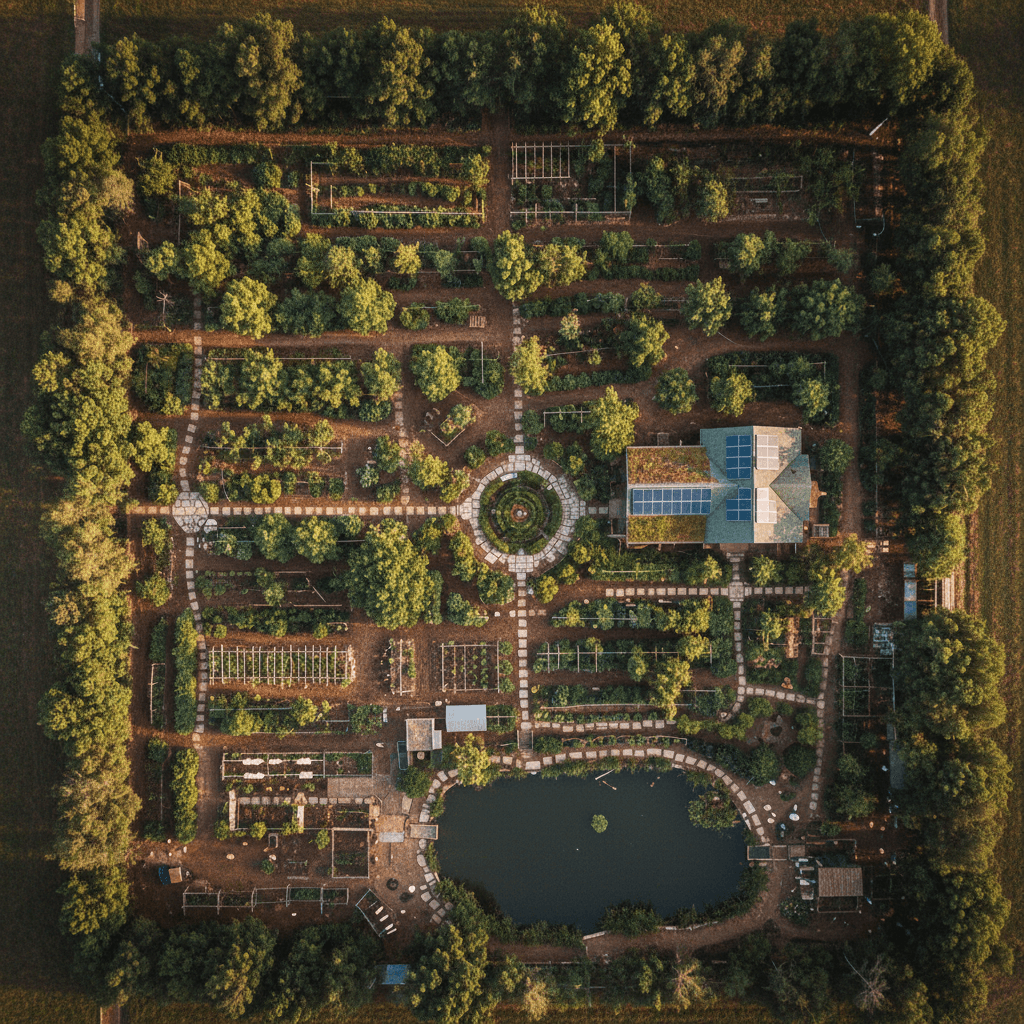 Integrated permaculture property with water harvesting and regenerative systems