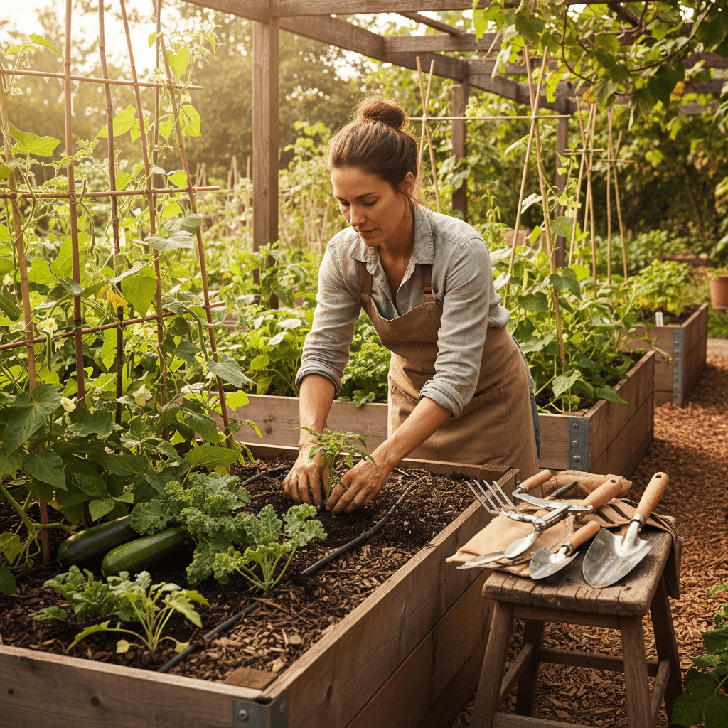 Gardening expert tending to thriving vegetable garden plants
