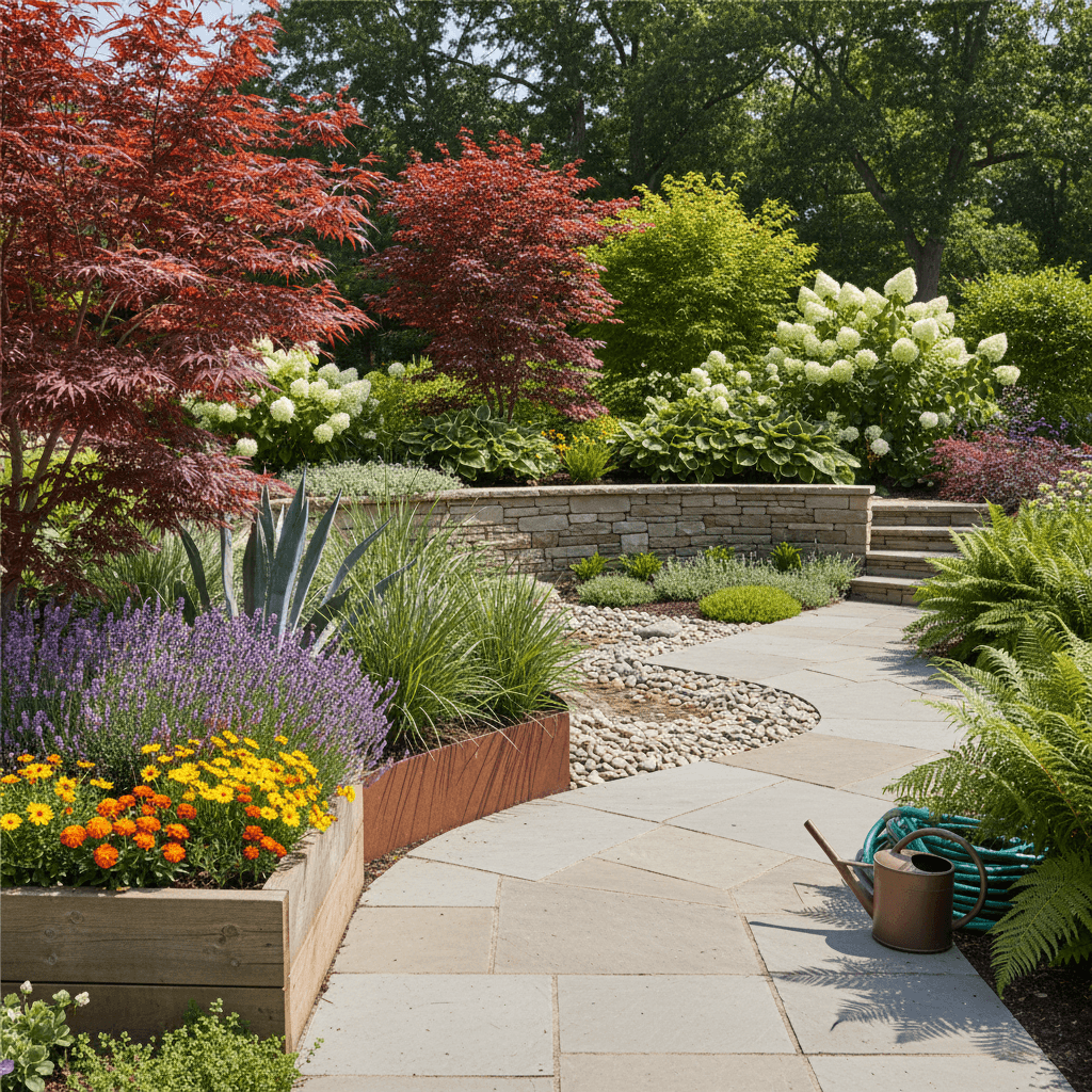 Completed landscaping project with diverse plantings and hardscaping