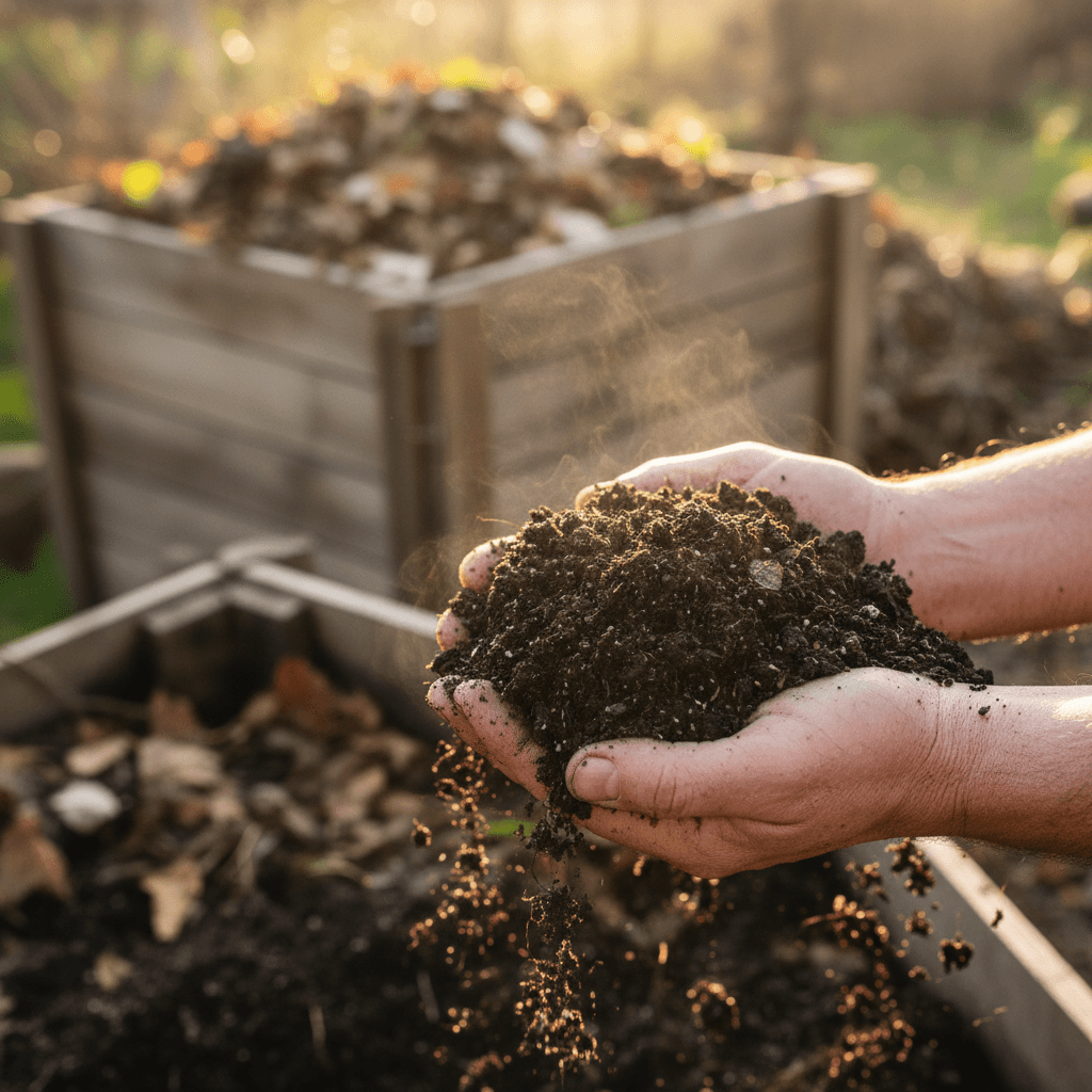 Rich dark compost in hands showing organic waste transformation
