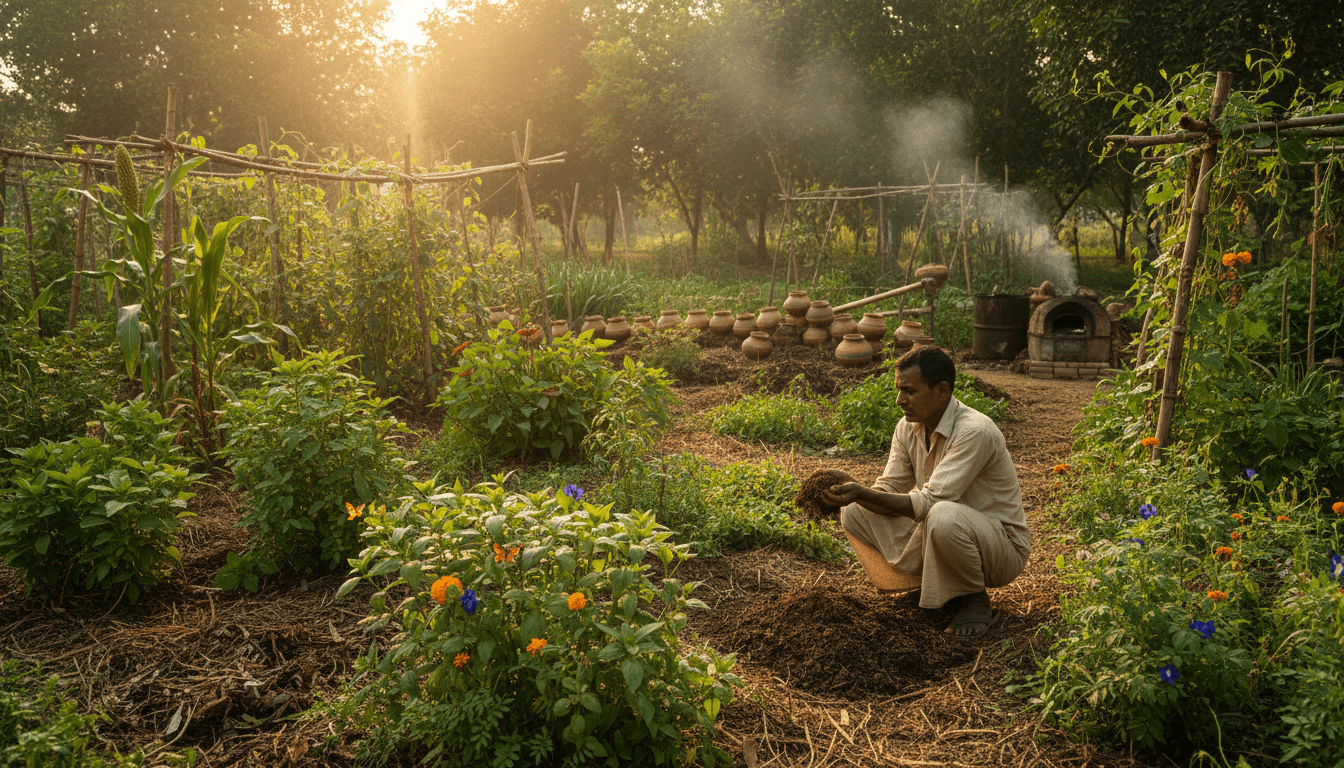 Farmer examining rich compost in sustainable permaculture garden with rainwater harvesting systems in Nagpur