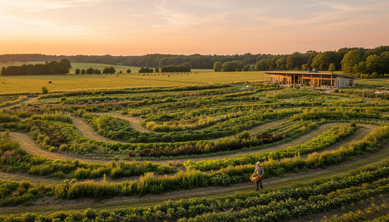 Permaculture farm landscape with composting beds, biogas system, and sustainable agriculture