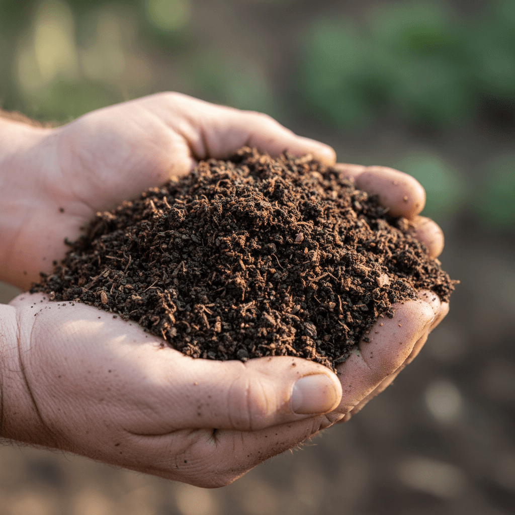 Rich dark compost held in hands showing nutrient texture
