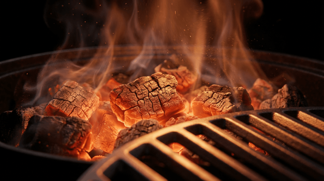 Dark biochar pieces showing porous texture under warm processing light