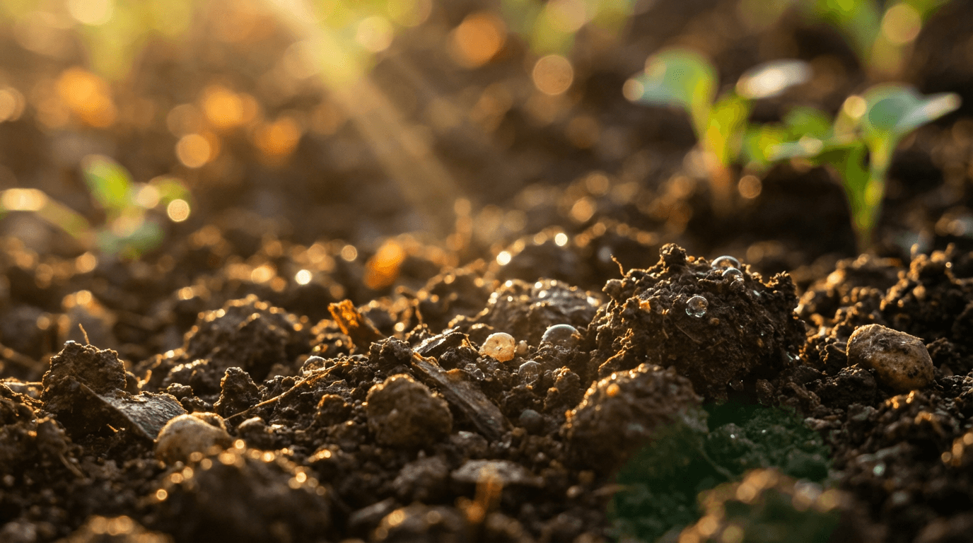 Hands holding rich composted soil with thriving agricultural landscape in Nagpur
