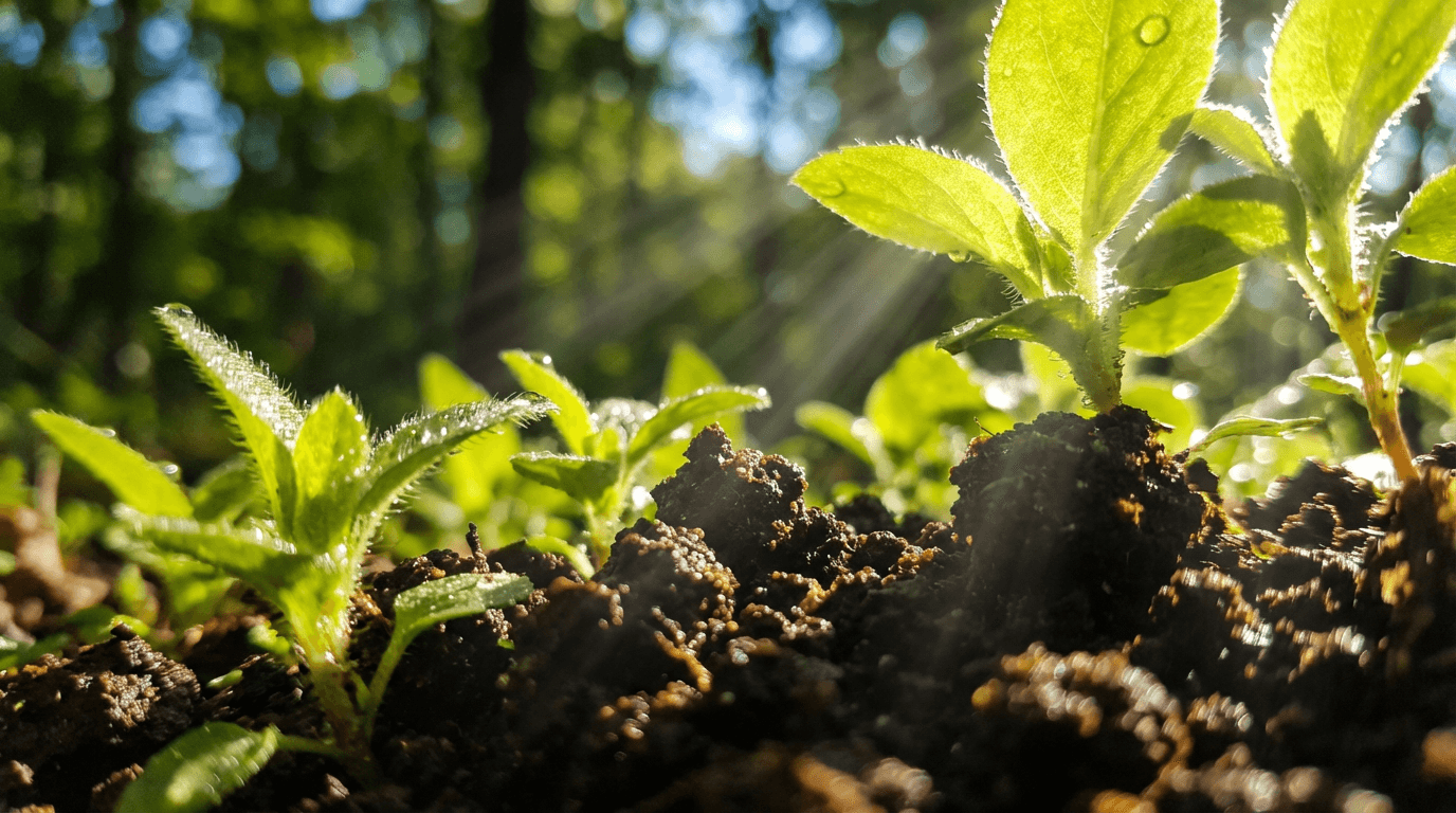 Thriving permaculture garden with native plants, butterflies, and enriched soil showcasing GreenMoveIndia's sustainable transformation