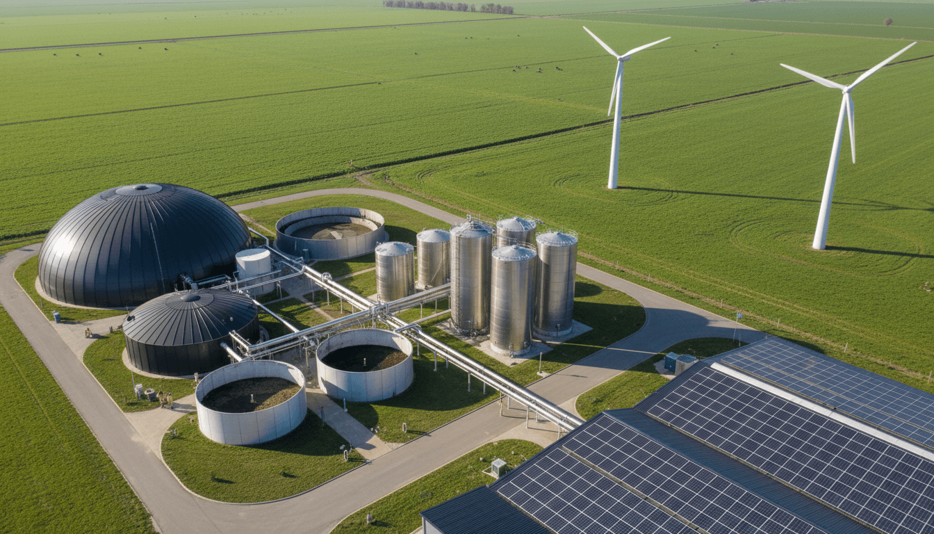 Biogas system installation with digester tank on agricultural land