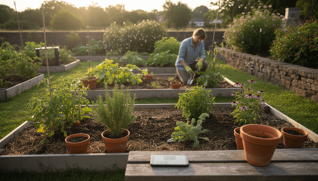 Gardener tending to a thriving vegetable and flower garden