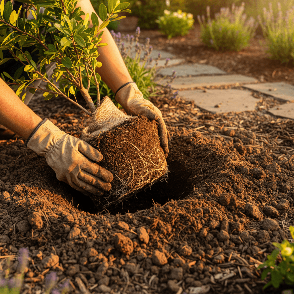 Gardener tending to lush green plants in professional garden setting