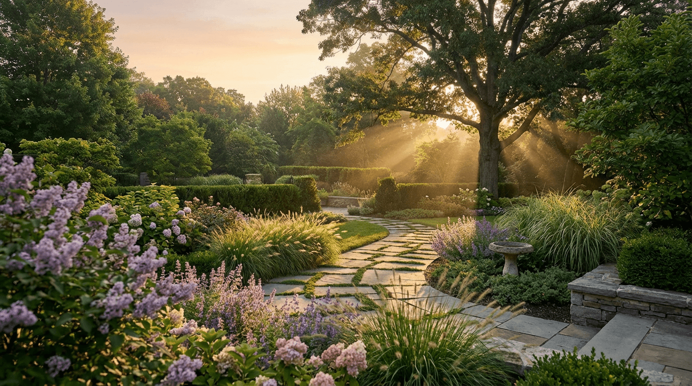 Professionally designed landscape with hardscaping and ornamental plants